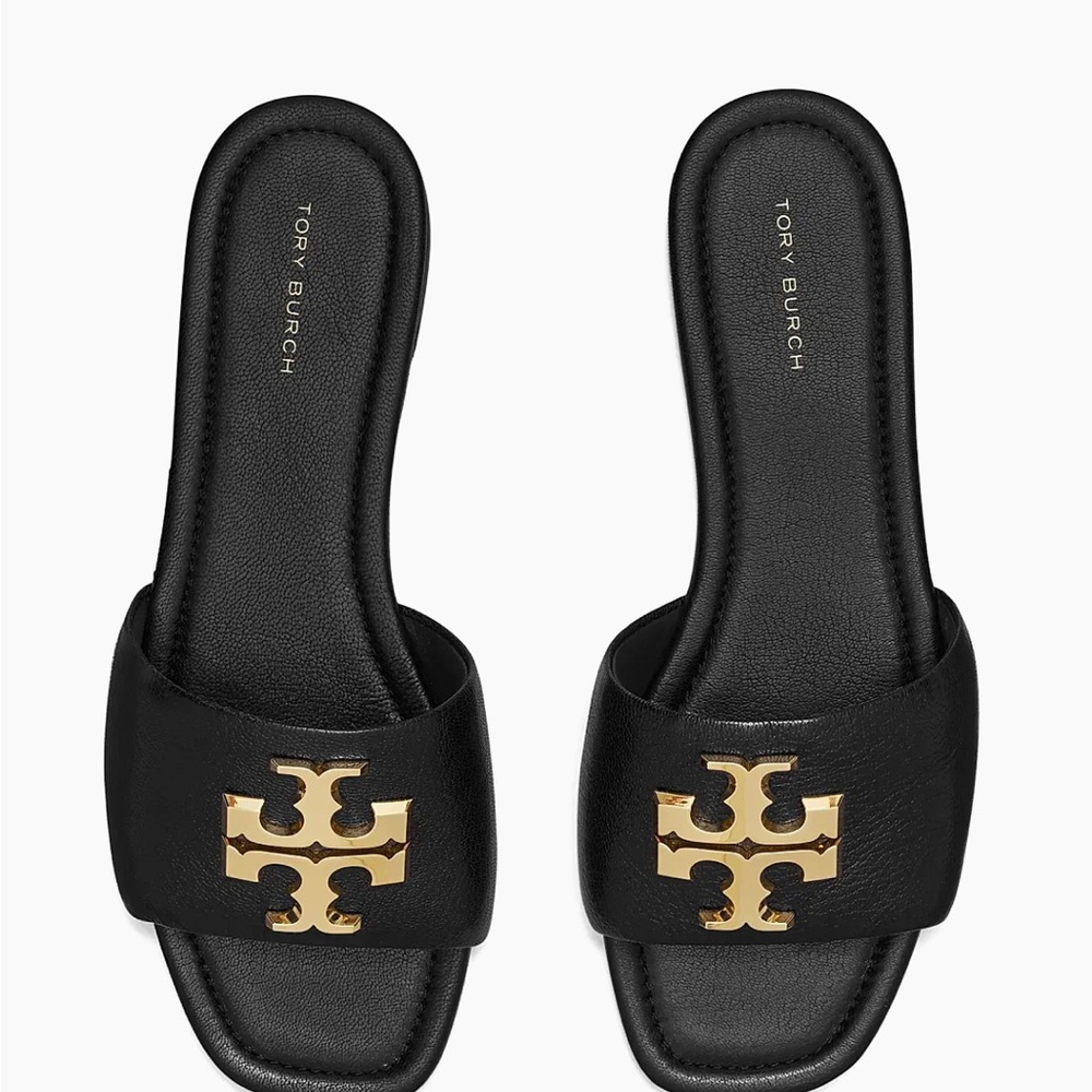 Tory Burch Black Patent Leather Slide Sandals with Gold Logo